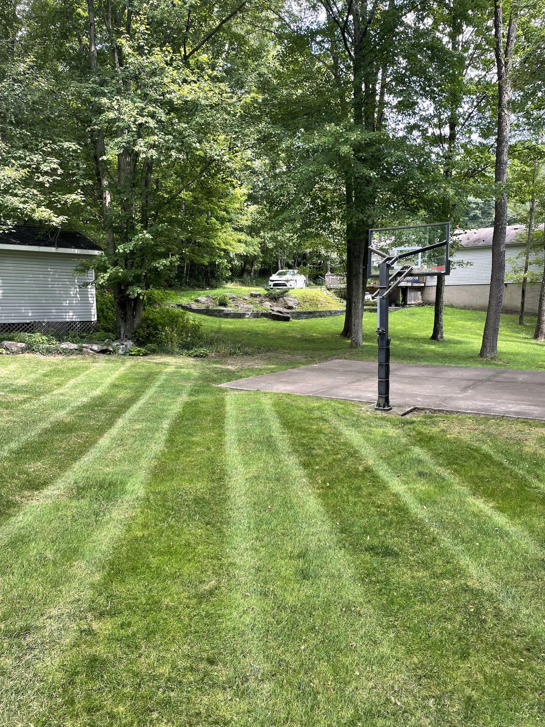 Striped backyard lawn beside a basketball court
